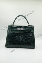 Load image into Gallery viewer, Verona 28 Kelly Style Glossy Saltwater Croc Leather Green Color Silver Hardware
