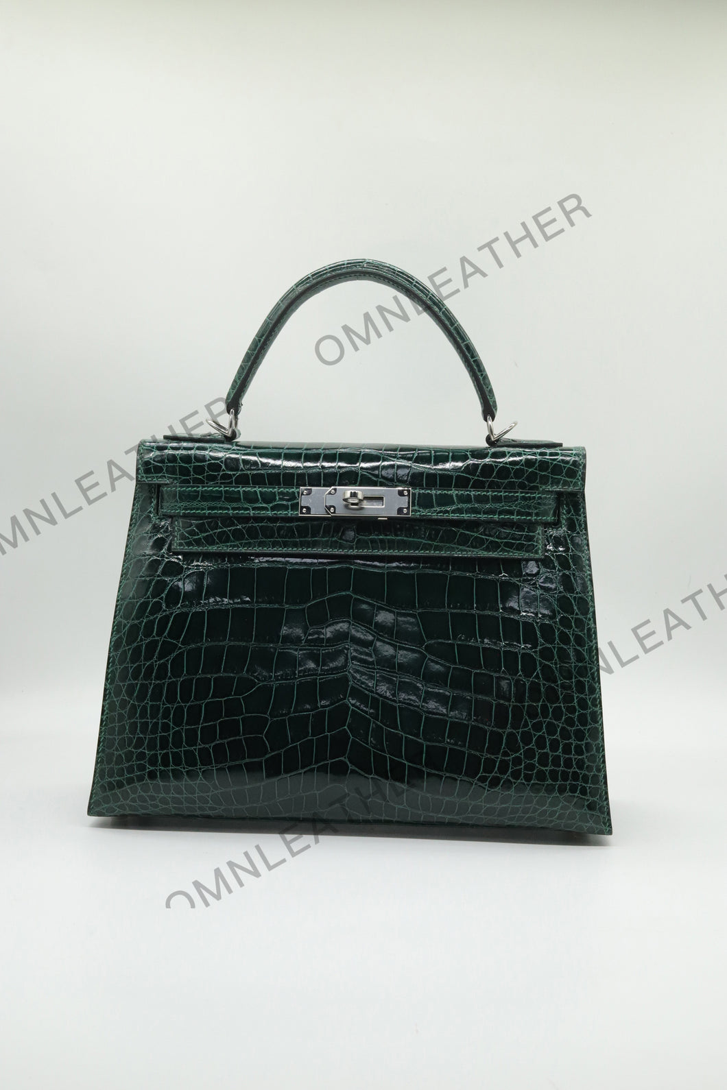 Verona 28 Kelly Style Glossy Saltwater Croc Leather Green Color Silver Hardware