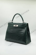 Load image into Gallery viewer, Verona 28 Kelly Style Glossy Saltwater Croc Leather Green Color Silver Hardware
