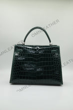Load image into Gallery viewer, Verona 28 Kelly Style Glossy Saltwater Croc Leather Green Color Silver Hardware
