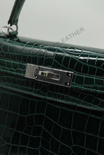 Load image into Gallery viewer, Verona 28 Kelly Style Glossy Saltwater Croc Leather Green Color Silver Hardware
