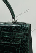 Load image into Gallery viewer, Verona 28 Kelly Style Glossy Saltwater Croc Leather Green Color Silver Hardware
