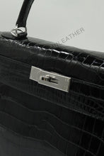 Load image into Gallery viewer, Verona 28 Kelly Style Glossy Saltwater Croc Leather Black Color Silver Hardware
