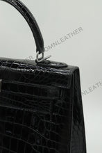Load image into Gallery viewer, Verona 28 Kelly Style Glossy Saltwater Croc Leather Black Color Silver Hardware
