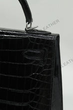 Load image into Gallery viewer, Verona 28 Kelly Style Glossy Saltwater Croc Leather Black Color Silver Hardware
