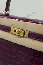 Load image into Gallery viewer, Verona 28 Kelly Style Glossy Saltwater Croc Leather Purple Color Gold Hardware
