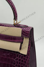 Load image into Gallery viewer, Verona 28 Kelly Style Glossy Saltwater Croc Leather Purple Color Gold Hardware
