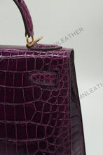 Load image into Gallery viewer, Verona 28 Kelly Style Glossy Saltwater Croc Leather Purple Color Gold Hardware
