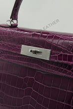 Load image into Gallery viewer, Verona 28 Kelly Style Glossy Saltwater Croc Leather Purple Color Silver Hardware
