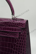 Load image into Gallery viewer, Verona 28 Kelly Style Glossy Saltwater Croc Leather Purple Color Silver Hardware
