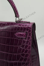 Load image into Gallery viewer, Verona 28 Kelly Style Glossy Saltwater Croc Leather Purple Color Silver Hardware
