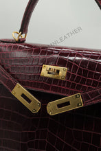 Load image into Gallery viewer, Verona 28 Kelly Style Glossy Saltwater Croc Leather Bordeaux Color Gold Hardware

