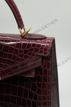 Load image into Gallery viewer, Verona 28 Kelly Style Glossy Saltwater Croc Leather Bordeaux Color Gold Hardware
