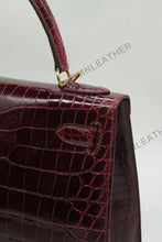 Load image into Gallery viewer, Verona 28 Kelly Style Glossy Saltwater Croc Leather Bordeaux Color Gold Hardware
