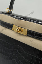 Load image into Gallery viewer, Verona 28 Kelly Style Glossy Saltwater Croc Leather Graphite Grey Color Gold Hardware
