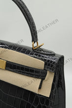 Load image into Gallery viewer, Verona 28 Kelly Style Glossy Saltwater Croc Leather Graphite Grey Color Gold Hardware

