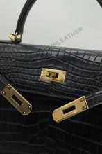 Load image into Gallery viewer, Verona 28 Kelly Style Opaque Saltwater Croc Leather Black Color Gold Hardware
