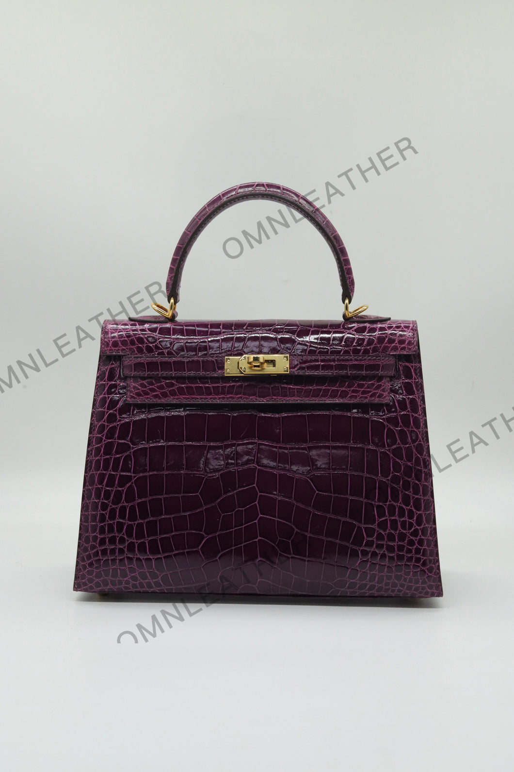 Verona 25 Kelly Style Glossy Saltwater Croc Leather Purple Color Gold Hardware