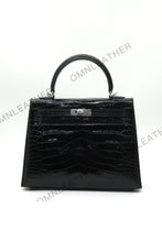 Load image into Gallery viewer, Verona 25 Kelly Style Glossy Saltwater Croc Leather Black Color Silver Hardware
