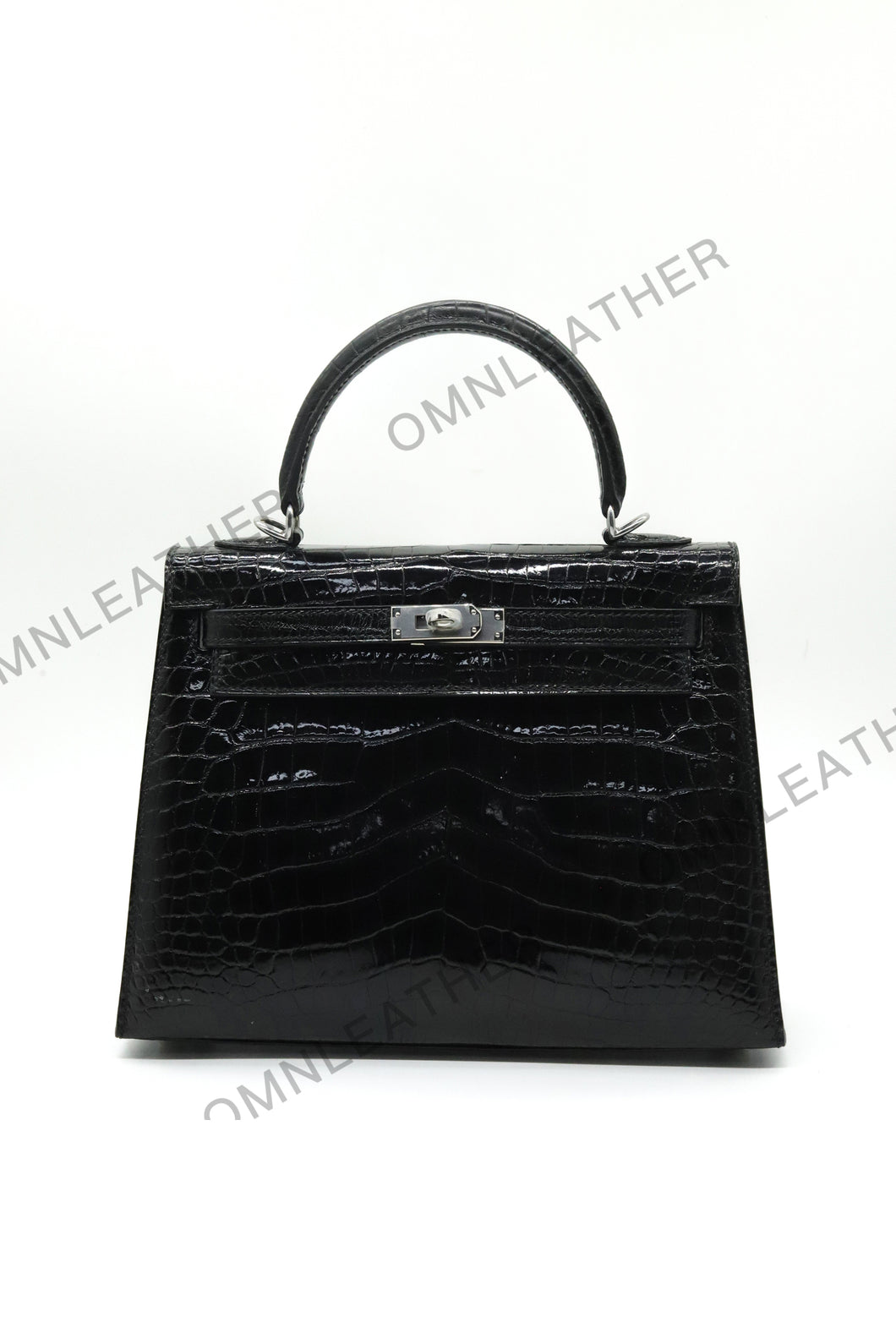 Verona 25 Kelly Style Glossy Saltwater Croc Leather Black Color Silver Hardware