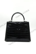 Load image into Gallery viewer, Verona 25 Kelly Style Glossy Saltwater Croc Leather Black Color Silver Hardware
