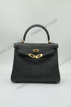 Load image into Gallery viewer, Verona 25 Kelly Style Opaque Saltwater Croc Leather Graphite Grey Color Gold Hardware
