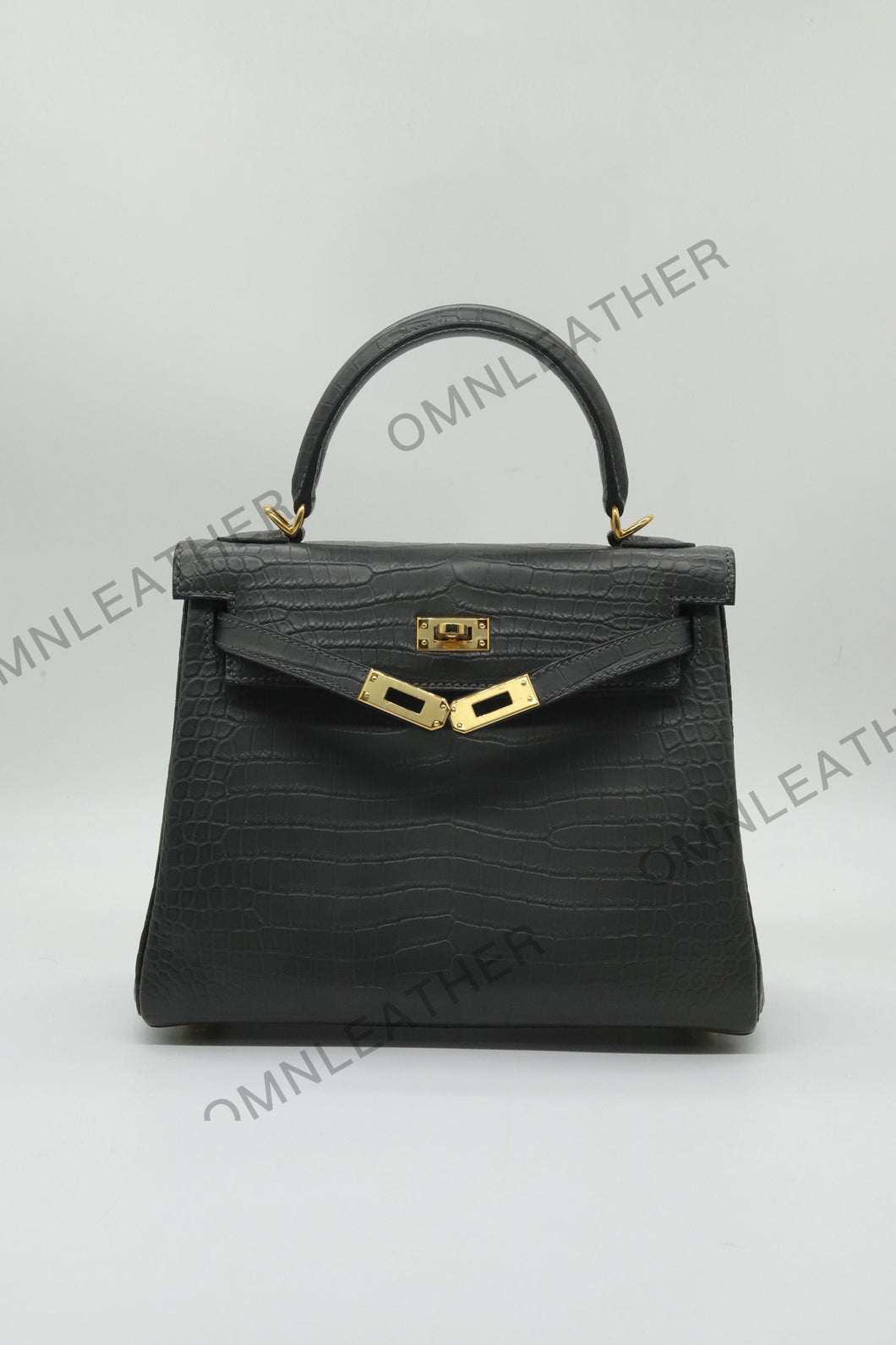 Verona 25 Kelly Style Opaque Saltwater Croc Leather Graphite Grey Color Gold Hardware