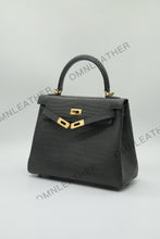 Load image into Gallery viewer, Verona 25 Kelly Style Opaque Saltwater Croc Leather Graphite Grey Color Gold Hardware
