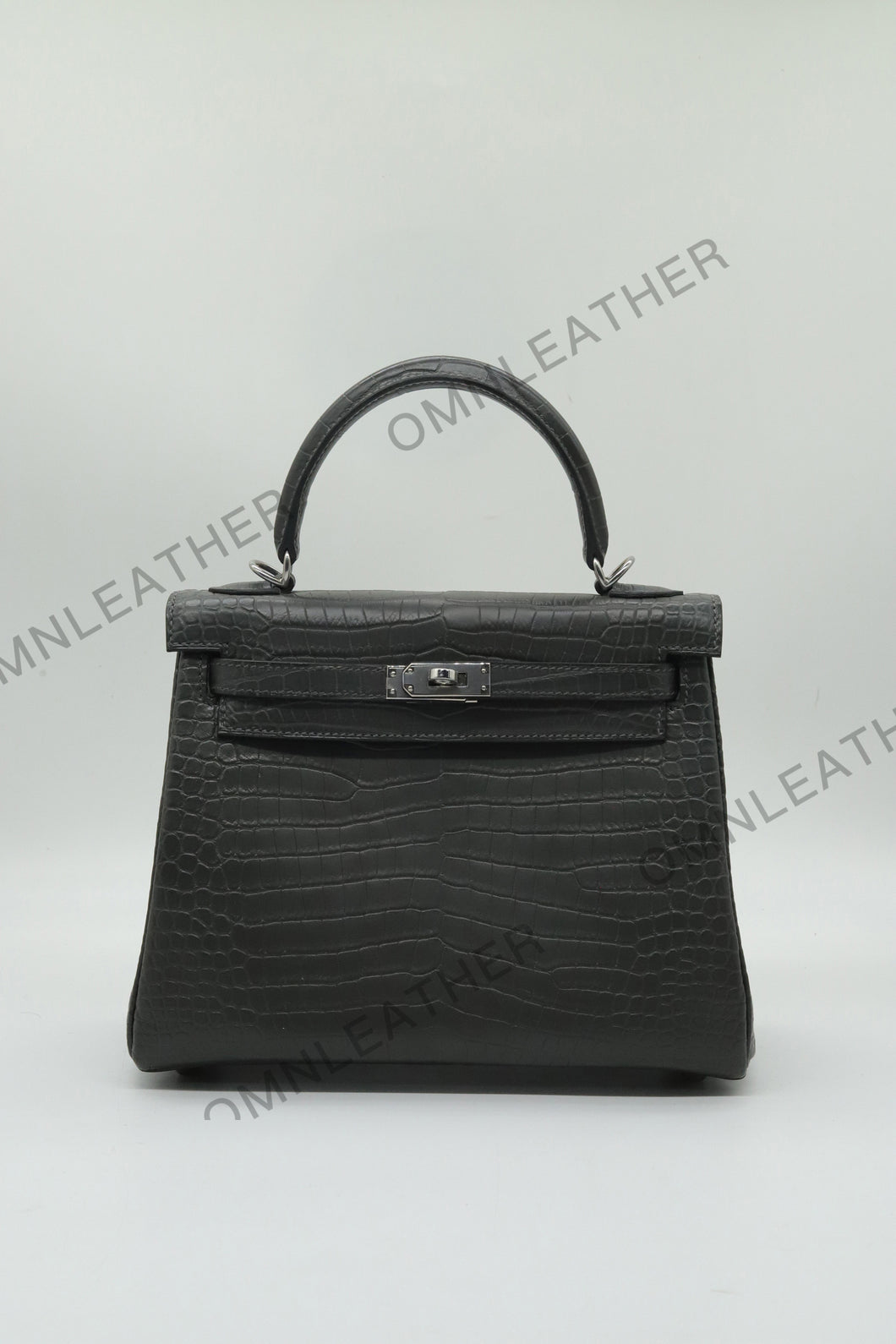Verona 25 Kelly Style Opaque Saltwater Croc Leather Graphite Grey Color Silver Hardware