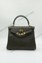 Load image into Gallery viewer, Verona 25 Kelly Style Opaque Saltwater Croc Leather Vert Olive Color Gold Hardware
