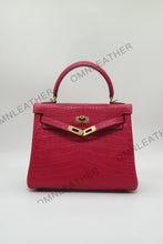 Load image into Gallery viewer, Verona 25 Kelly Style Opaque Saltwater Croc Leather Fuschia Color Gold Hardware
