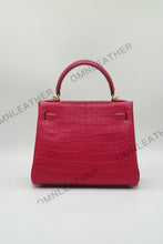 Load image into Gallery viewer, Verona 25 Kelly Style Opaque Saltwater Croc Leather Fuschia Color Gold Hardware
