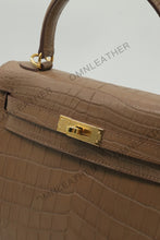 Load image into Gallery viewer, Verona 25 Kelly Style Opaque Saltwater Croc Leather Etoupe Color Gold Hardware

