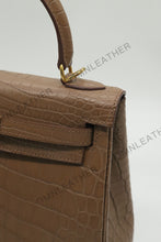 Load image into Gallery viewer, Verona 25 Kelly Style Opaque Saltwater Croc Leather Etoupe Color Gold Hardware
