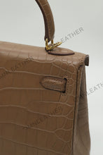 Load image into Gallery viewer, Verona 25 Kelly Style Opaque Saltwater Croc Leather Etoupe Color Gold Hardware
