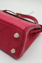 Load image into Gallery viewer, Verona 25 Kelly Style Opaque Saltwater Croc Leather Fuschia Color Gold Hardware
