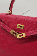 Load image into Gallery viewer, Verona 25 Kelly Style Opaque Saltwater Croc Leather Fuschia Color Gold Hardware

