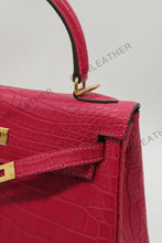 Load image into Gallery viewer, Verona 25 Kelly Style Opaque Saltwater Croc Leather Fuschia Color Gold Hardware
