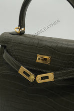 Load image into Gallery viewer, Verona 25 Kelly Style Opaque Saltwater Croc Leather Vert Olive Color Gold Hardware
