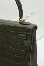 Load image into Gallery viewer, Verona 25 Kelly Style Opaque Saltwater Croc Leather Vert Olive Color Gold Hardware

