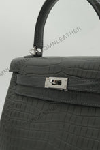 Load image into Gallery viewer, Verona 25 Kelly Style Opaque Saltwater Croc Leather Graphite Grey Color Silver Hardware
