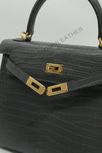 Load image into Gallery viewer, Verona 25 Kelly Style Opaque Saltwater Croc Leather Graphite Grey Color Gold Hardware
