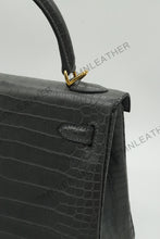 Load image into Gallery viewer, Verona 25 Kelly Style Opaque Saltwater Croc Leather Graphite Grey Color Gold Hardware
