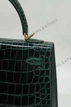 Load image into Gallery viewer, Verona 25 Kelly Style Glossy Saltwater Croc Leather Green Color Gold Hardware
