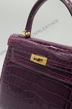 Load image into Gallery viewer, Verona 25 Kelly Style Glossy Saltwater Croc Leather Purple Color Gold Hardware
