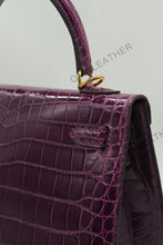 Load image into Gallery viewer, Verona 25 Kelly Style Glossy Saltwater Croc Leather Purple Color Gold Hardware
