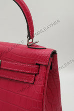 Load image into Gallery viewer, Verona 25 Kelly Style Opaque Saltwater Croc Leather Fuschia Color Silver Hardware
