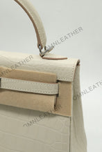 Load image into Gallery viewer, Verona 25 Kelly Style Opaque Saltwater Croc Leather Beton Color Gold Hardware
