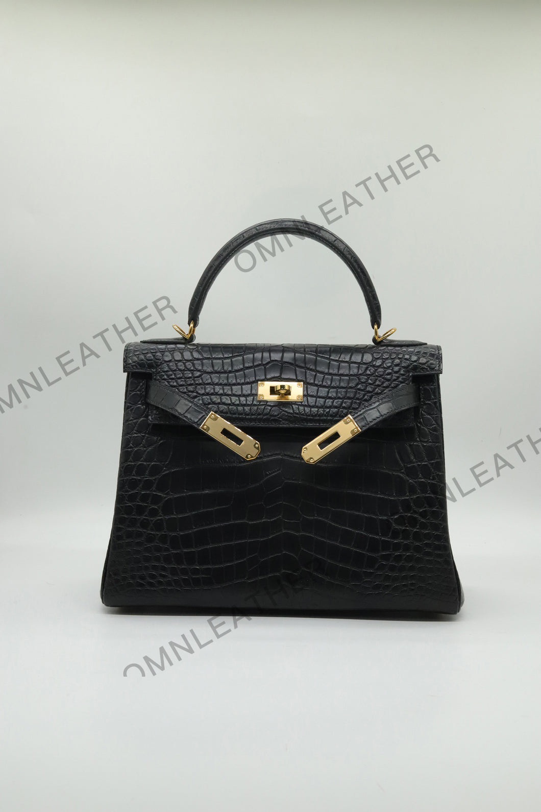 Verona 28 Kelly Style Opaque Saltwater Croc Leather Black Color Gold Hardware