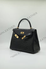Load image into Gallery viewer, Verona 28 Kelly Style Opaque Saltwater Croc Leather Black Color Gold Hardware

